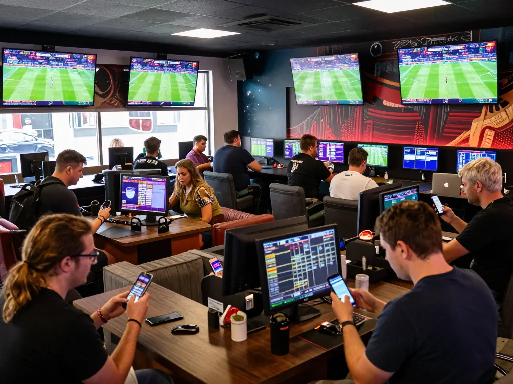 Engaged bettors placing bets on 9bet in a lively sports lounge during a live match.