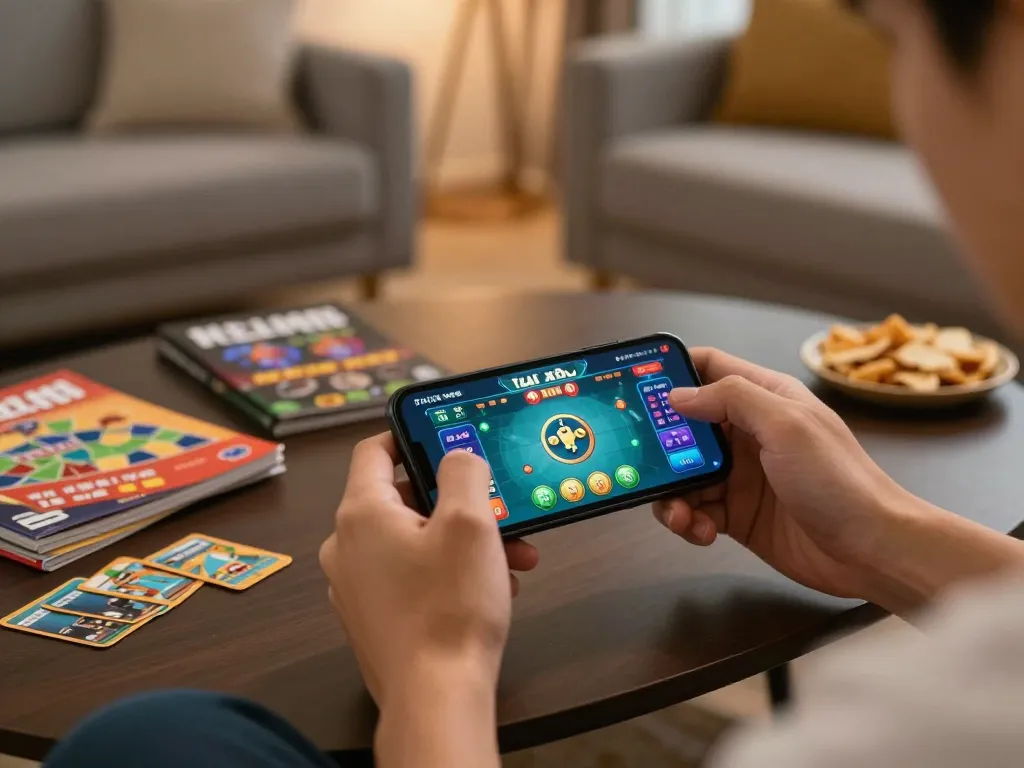 Engaging in exciting tài xỉu online gameplay on a smartphone in a cozy home setting