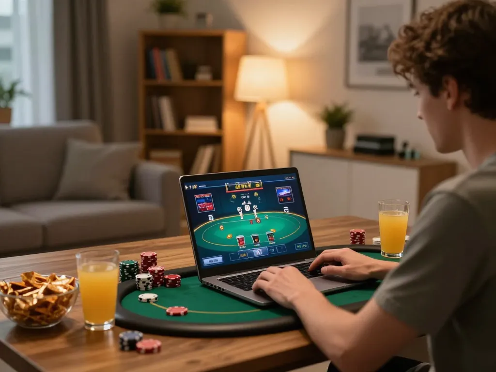 Experience the thrill of online gambling with 56 WIN in a cozy home setup.