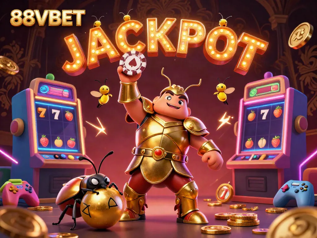 Experience the excitement of 88VBET with a heroic beetle triumphantly lifting a poker chip amidst a vibrant casino scene.