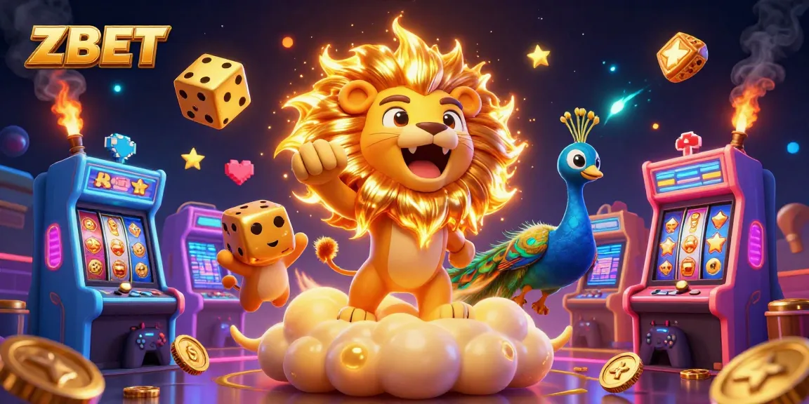 ZBET gamblers spinning colorful slot reels with a roaring sun lion and golden dice.