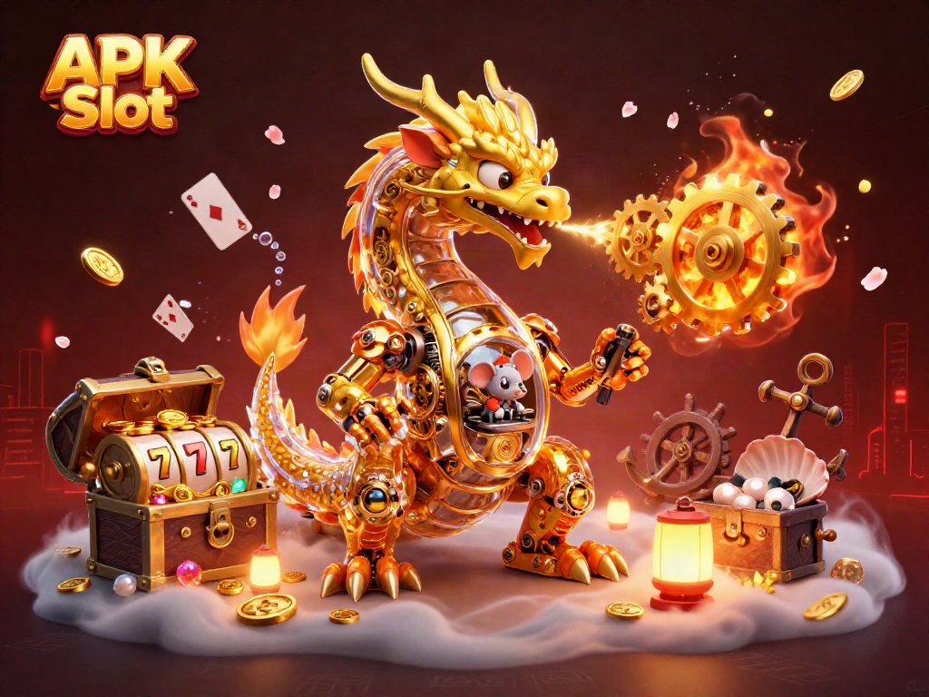 Engage with the APK Slot experience in a vibrant 3D scene featuring a biomechanical dragon, gold treasures, and slot reels.