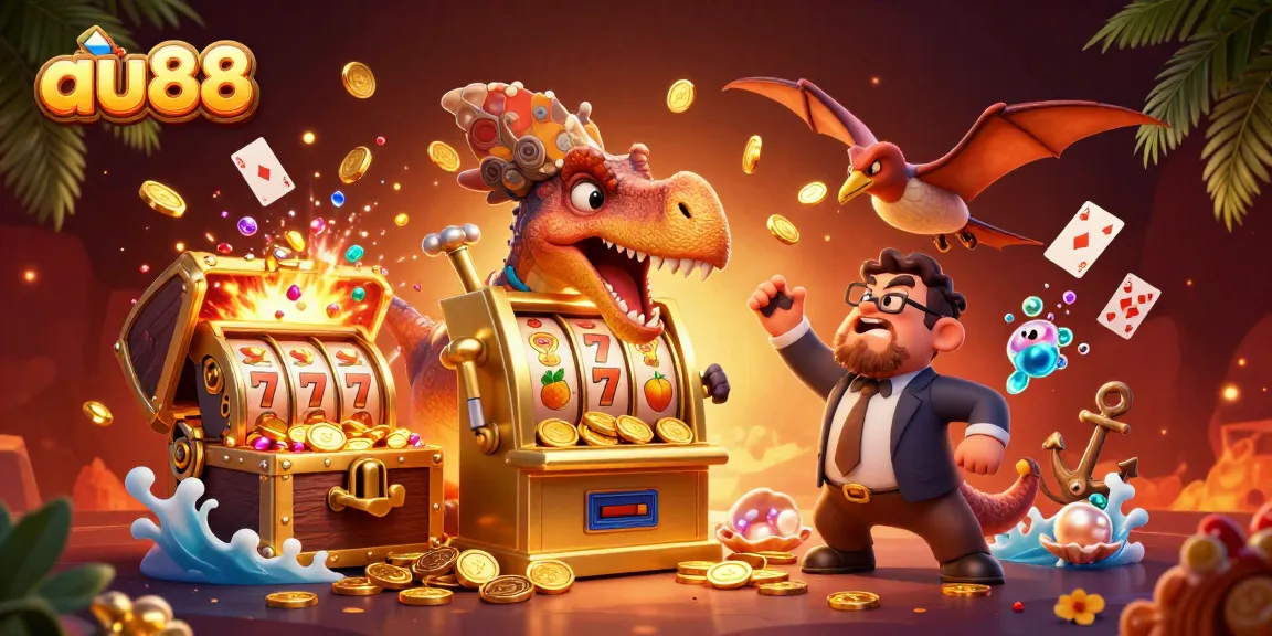Engage with exciting slots at au88 while a dinosaur wins jackpots and coins fly!
