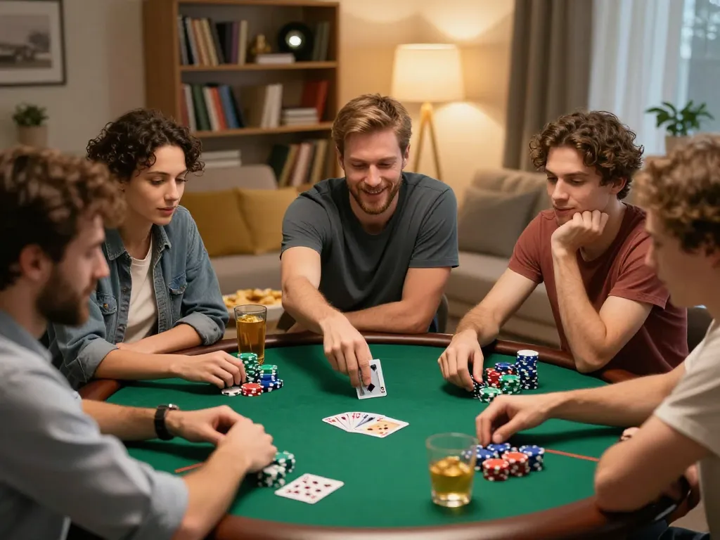Friends enjoying poker night at home on jkp88 platform with chips and cards.