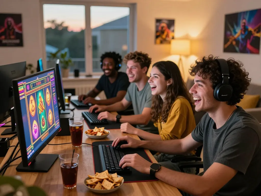 Exciting gaming night with friends playing nohu 78 on a computer screen.