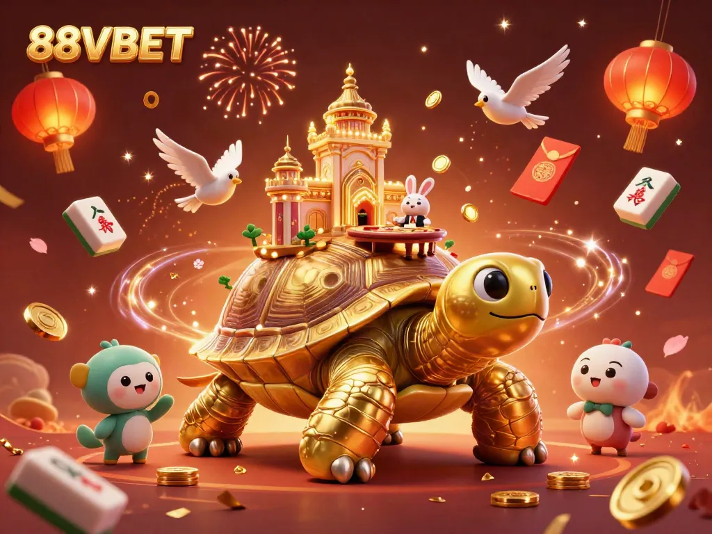 Join the thrilling action of 88VBET with vibrant casino visuals featuring a golden tortoise and festive elements.