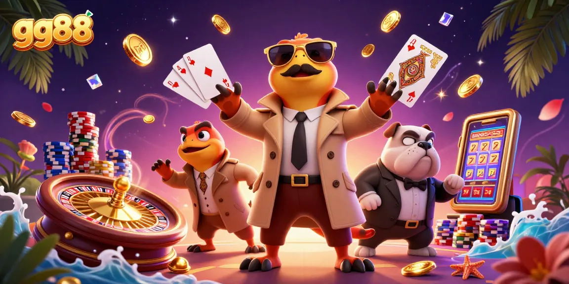 Experience thrilling gameplay at GG88 as cartoon raptors sneak into a VIP casino lounge amidst swirling coins and games.