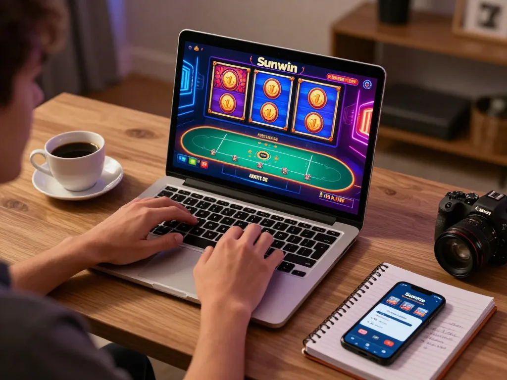 A player engages with Sunwin games on a laptop, showcasing an inviting home gaming environment.