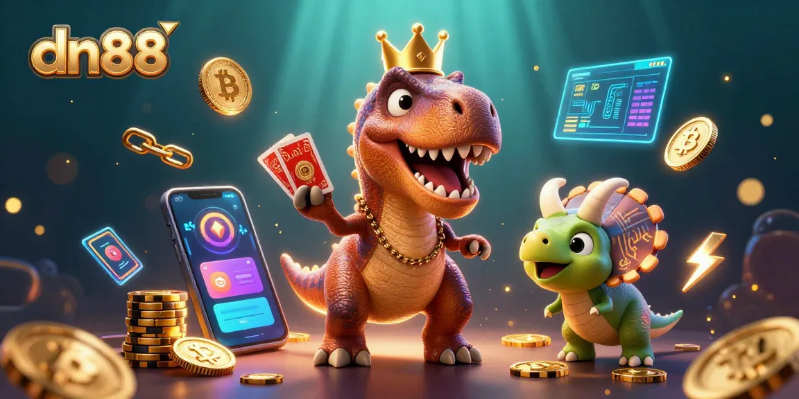 Experience the dynamic world of dn88 with a friendly T-Rex shuffling cards, surrounded by vibrant casino elements.