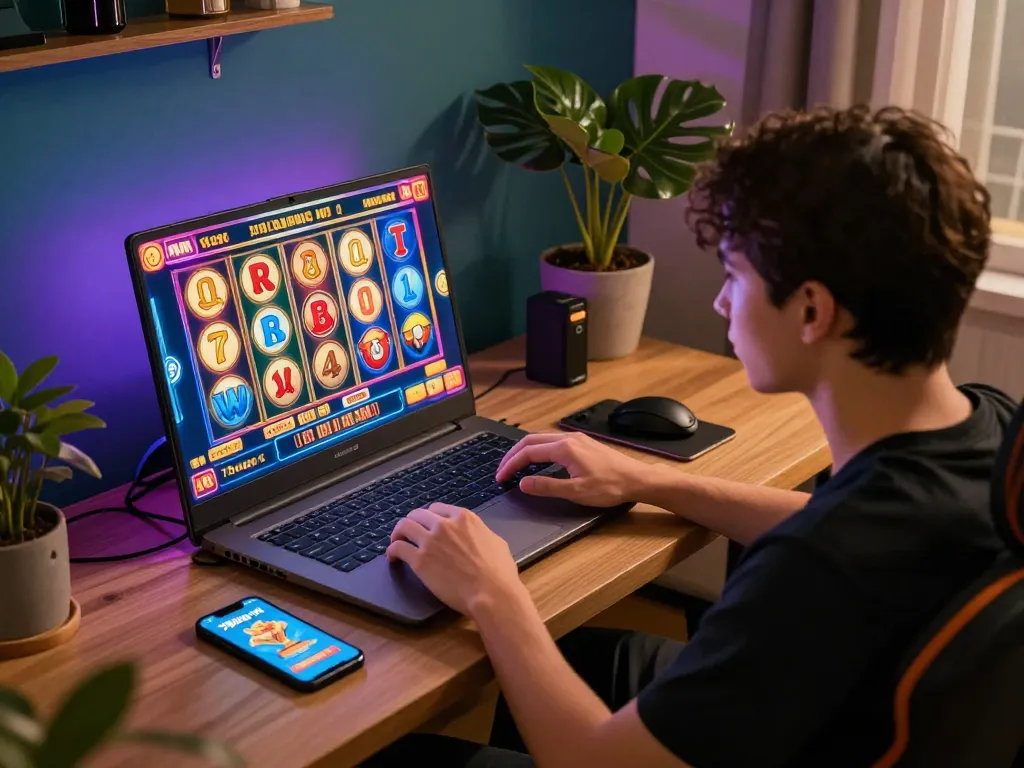 Player enjoying a thrilling gambling experience with 79king-vn slot game on laptop in a relaxed home setting.