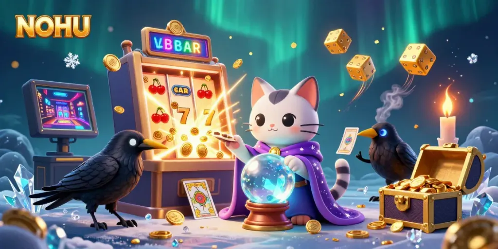 Experience the excitement of NOHU with a vibrant 3D illustration showcasing a jackpot explosion and engaging casino gameplay.