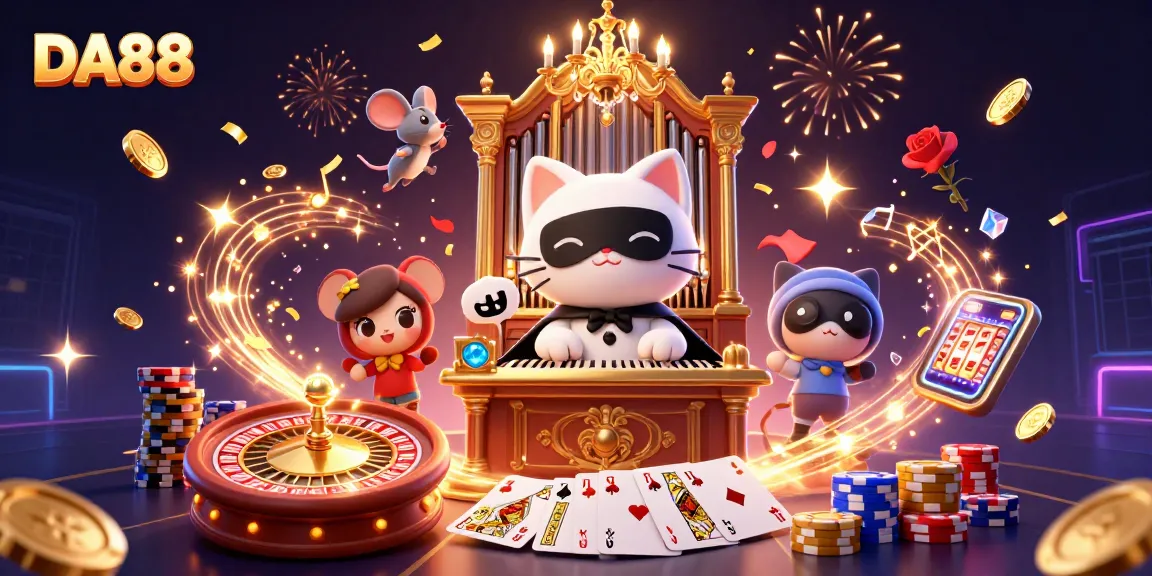 Experience DA88's vibrant casino world in this dynamic 3D illustration with action-packed gaming elements.