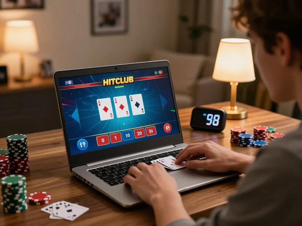 Player immersed in HITCLUB online poker game, showcasing strategy and responsible gaming at home.