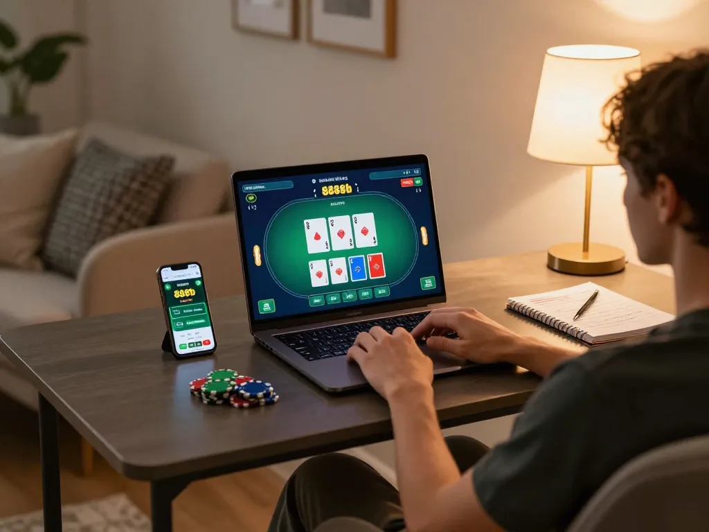 Person playing poker online on 888b app positioned on a stylish home desk.