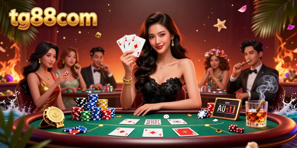 Win big at tg88com with a glamorous casino scene featuring a stunning Asian woman holding playing cards.