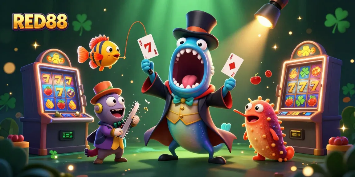 Engage with RED88's thrilling online casino experience featuring vibrant slot machines and lively characters.