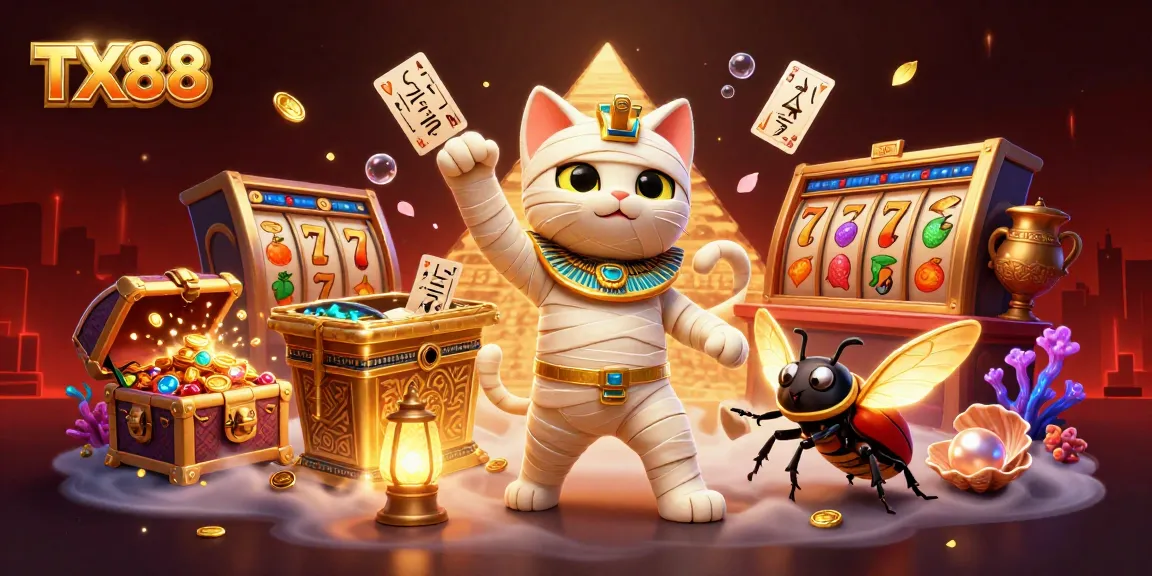 Win big with TX88 in a vibrant casino scene featuring golden treasures and fun characters.
