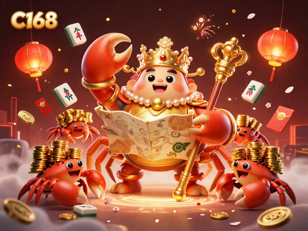 C168 online casino illustration featuring a golden crab emperor with treasures and vibrant gaming elements
