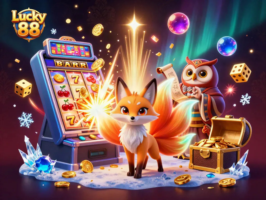 Engage with Lucky 88 through an exciting 3D illustration showcasing vibrant casino elements and magical characters.