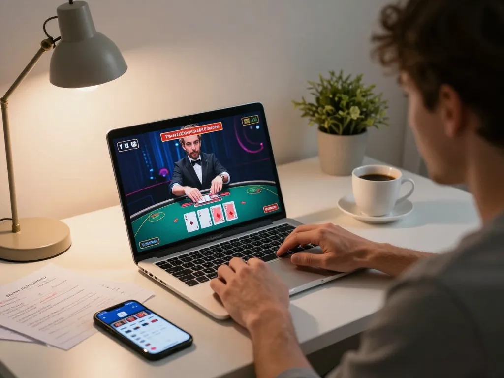 Player engaging in an exciting game at 78win.com with laptop displaying live dealer action in a cozy setting.