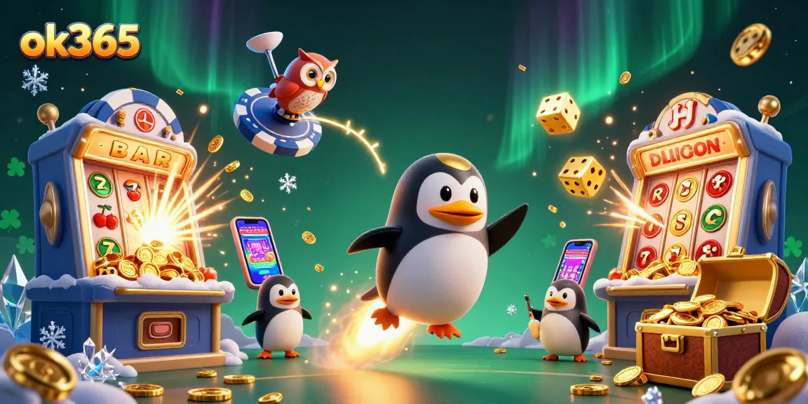Engage with the thrilling ok365 gaming universe showcasing enchanting slots and a golden penguin journey.