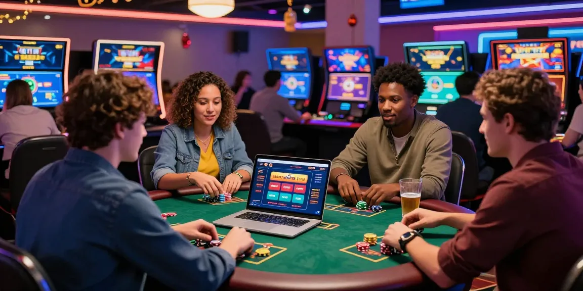 Giocatori ai Siti non AAMS sicuri che si divertono in una vivace serata di giochi da casinò virtuale con display colorati.