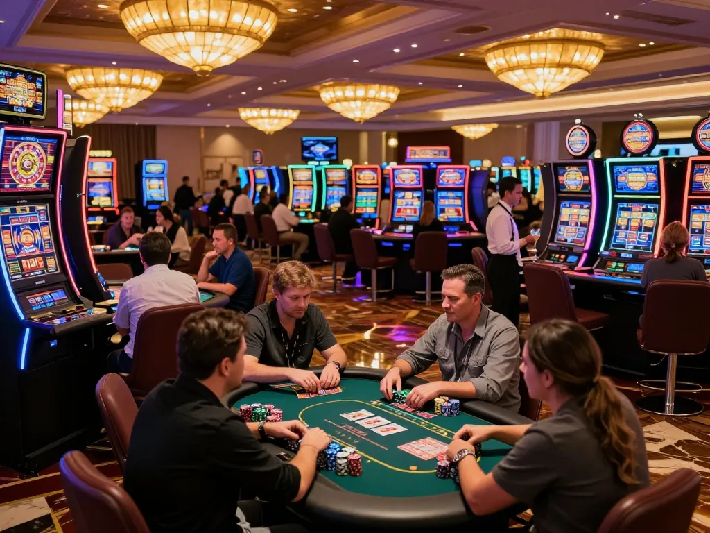 Exciting scene of players at a casino floor enjoying games like FIVE 88 slots and poker.