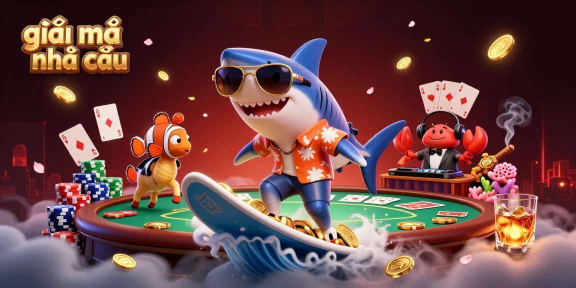 Experience the thrill of giải mã nhà cái with a vibrant 3D illustration capturing a shark and friends amidst a gold coin wave.