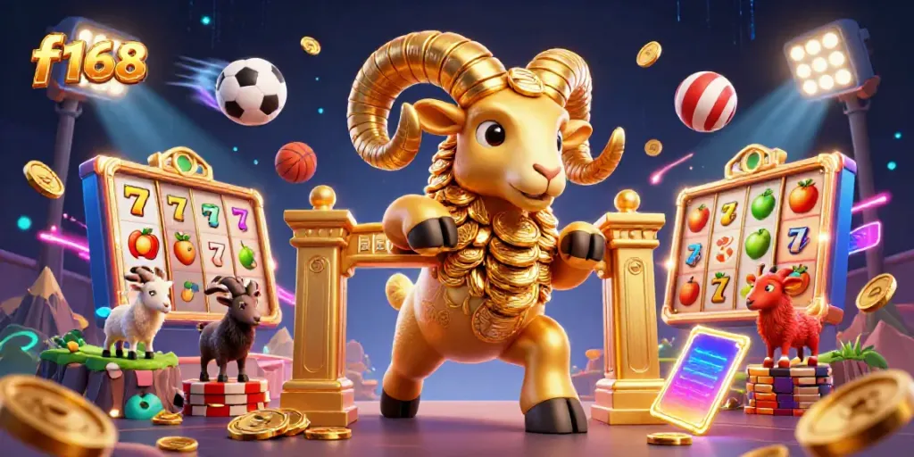 Experience thrilling action at f168 with a majestic golden ram charging through a vibrant casino scene.