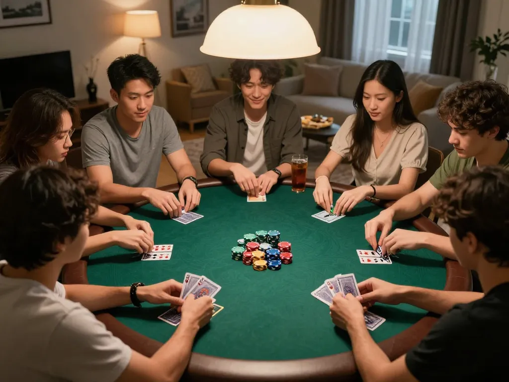 Exciting poker night with friends at home, playing Texas Hold'em while enjoying the thrill of xo88 gambling.