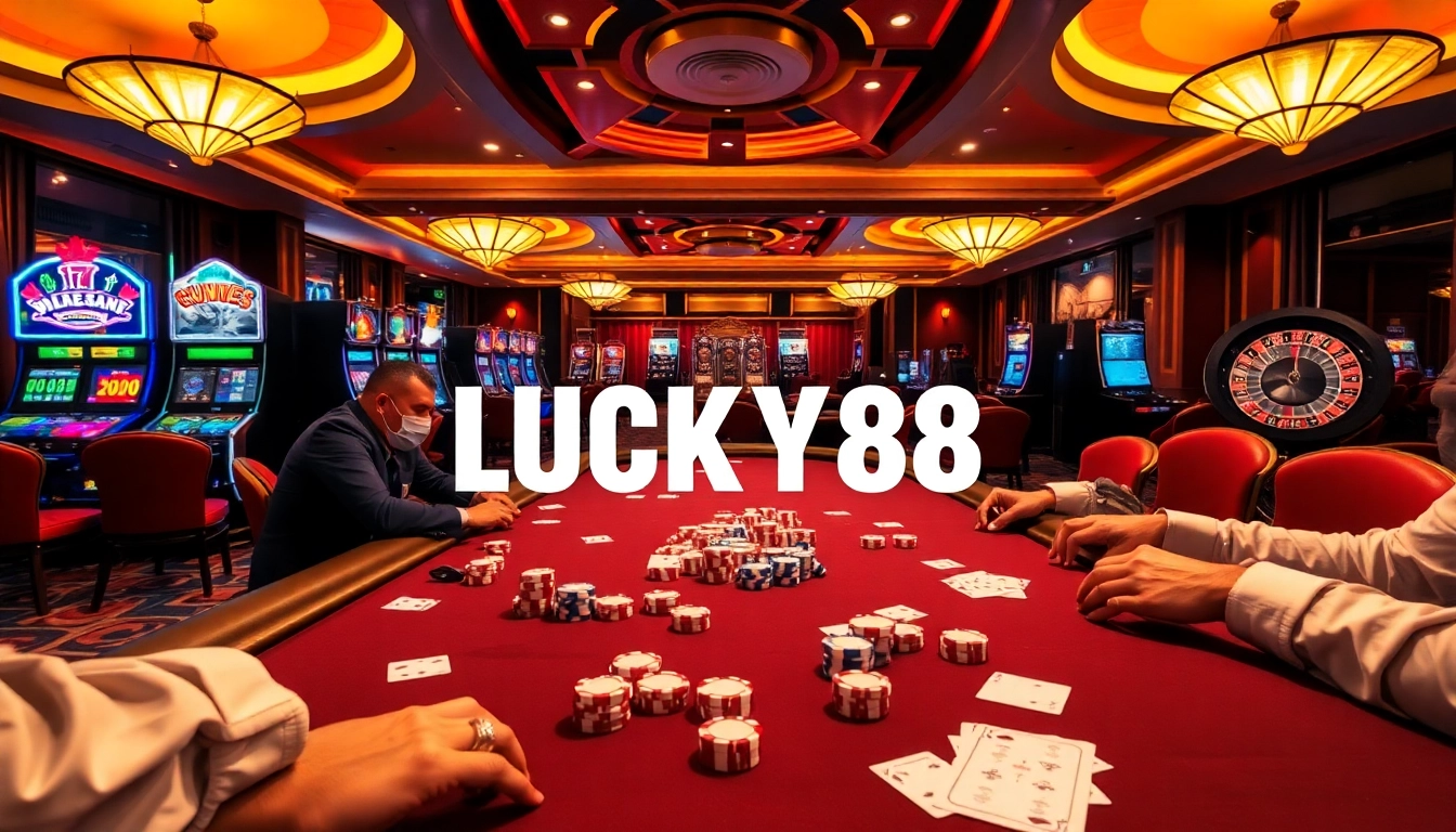 Engage in the excitement at LUCKY88 casino with vibrant tables, slot machines, and thrilling gambling action.