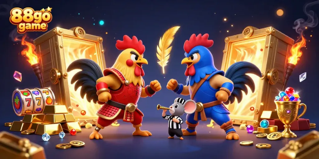Experience the excitement of 88go game with fighting roosters and treasures in a vibrant casino-themed scene.