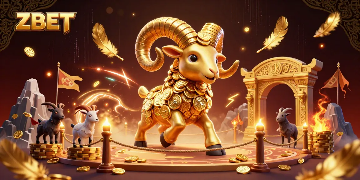 ZBET showcases an engaging casino illustration, highlighting a golden ram amidst a vibrant betting scene.