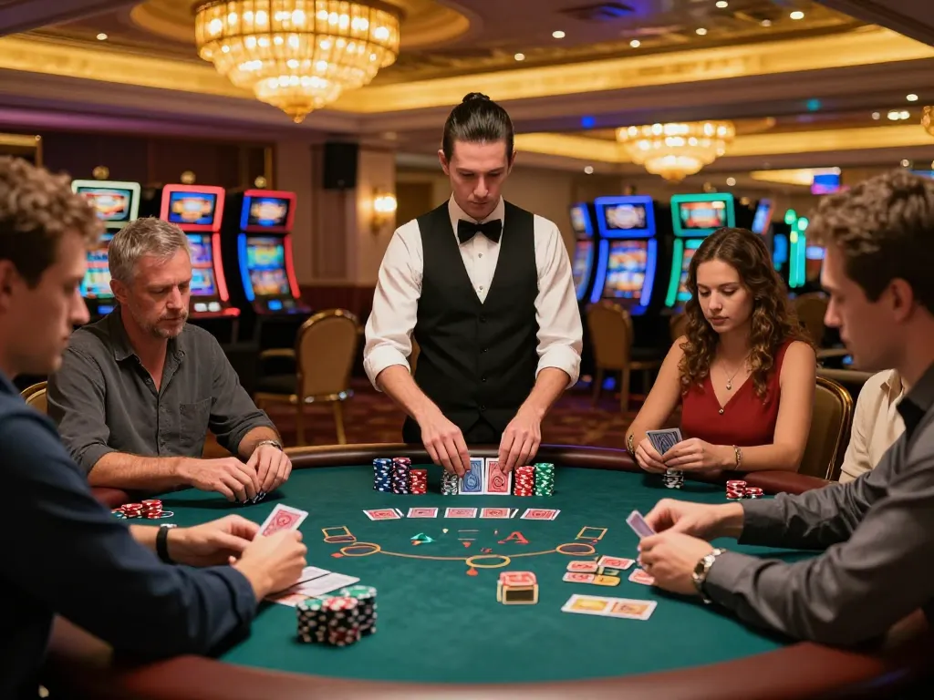 Players engaged in high-stakes blackjack at a luxury casino, showcasing the thrilling atmosphere of 555win.