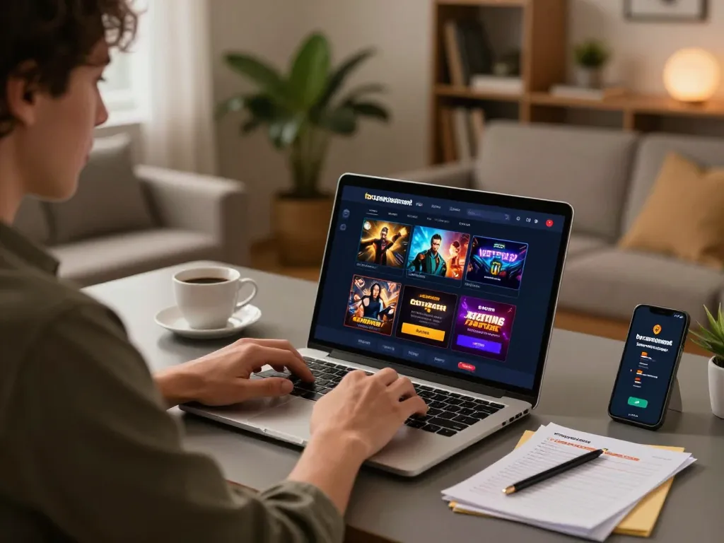 Engaged player enjoying torxentertainment casino games on a laptop at home, with a focus on responsible gaming strategies.