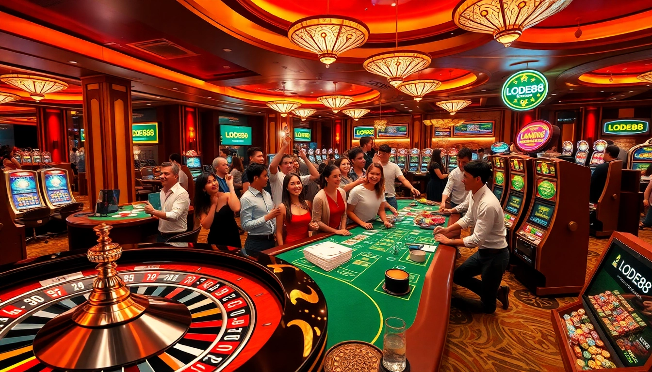 Players enjoying high-stakes games at LODE88 casino, vibrant atmosphere with roulette, cards, and excitement.
