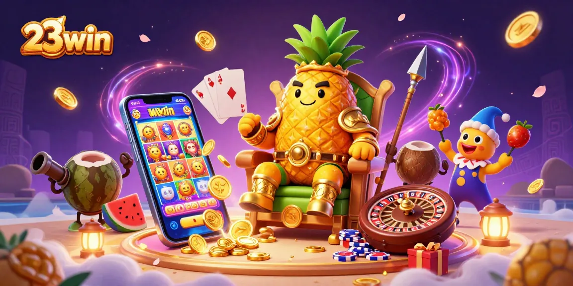 Experience the excitement of 23win with a vibrant casino scene featuring a pineapple king and gambling elements.