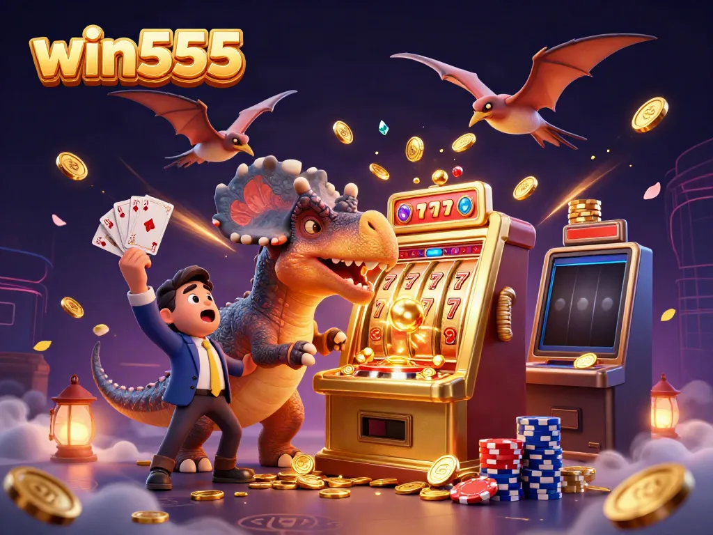 Experience thrilling wins at win555 where a pachycephalosaurus plays a golden slot machine amid cascading riches.