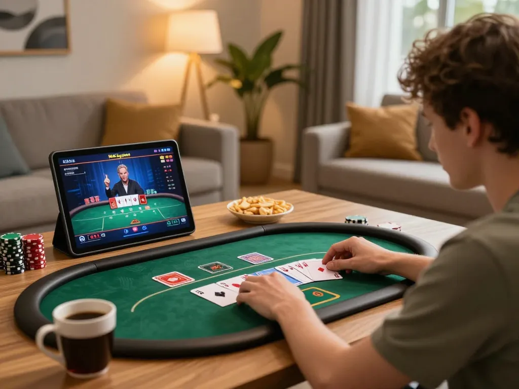 Engaging in poker gameplay online with DIAMOND789 on a tablet in a cozy setting.