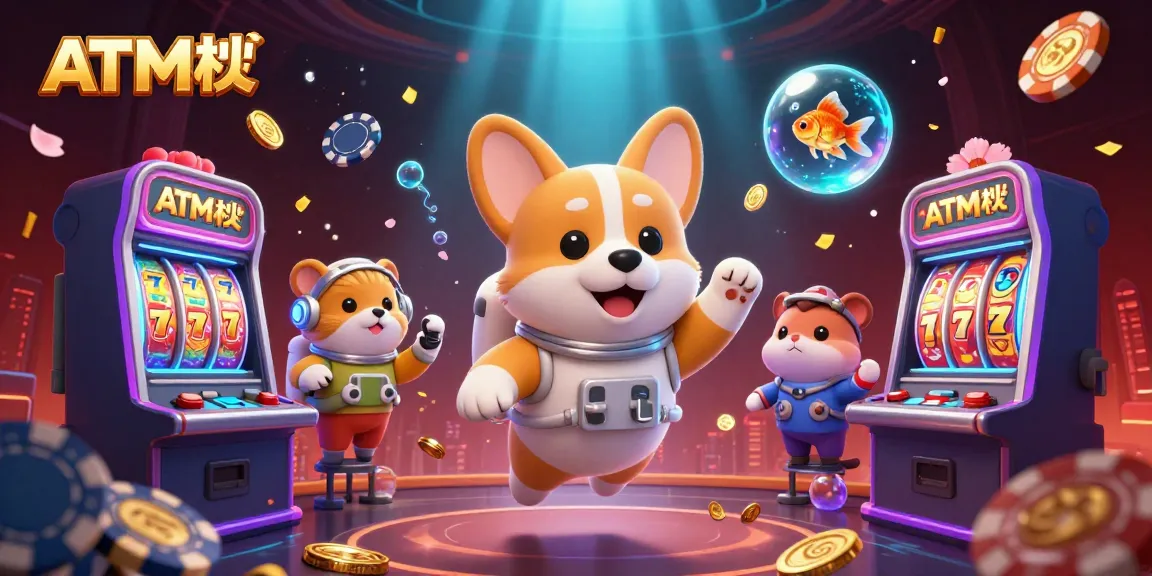 Engage with ATM벳 in this vibrant 3D casino scene featuring floating slot machines and dynamic characters.