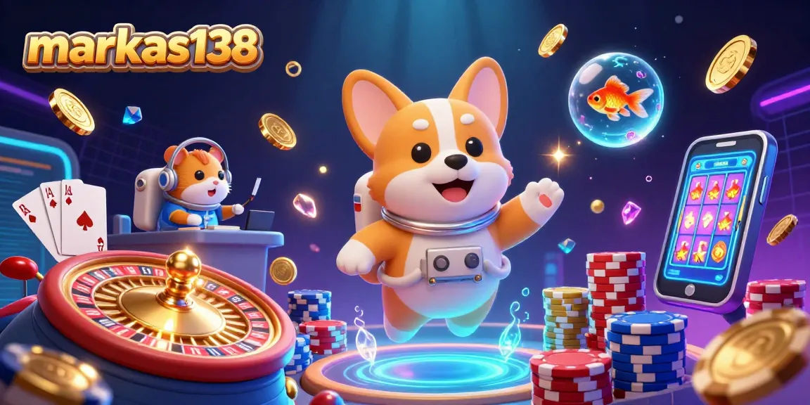 Experience gambling fun with markas138 in a space casino featuring a playful corgi and vibrant slot elements.