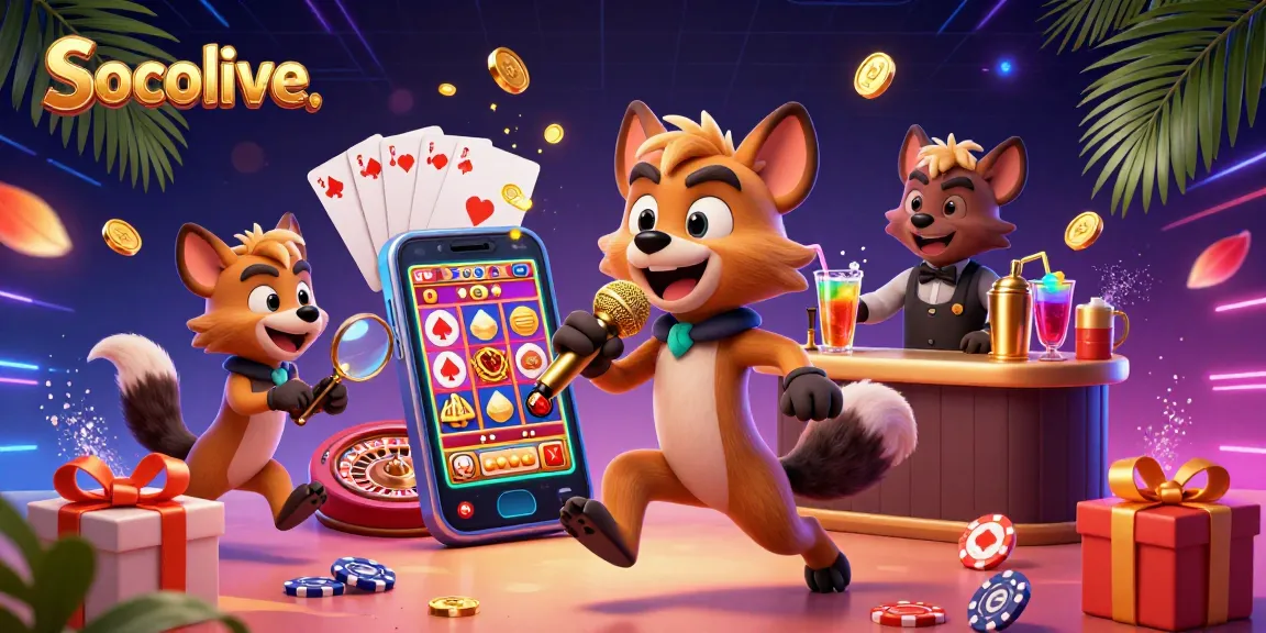 Socolive showcases hyenas running a vibrant casino, highlighted by a golden microphone and slot game elements.