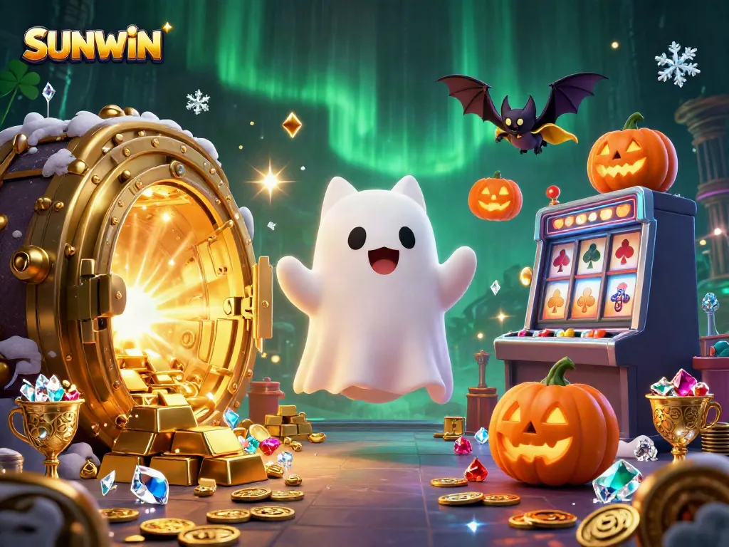 Experience the thrilling gaming excitement at SUNWIN with a ghost cat and treasures in a vibrant casino.