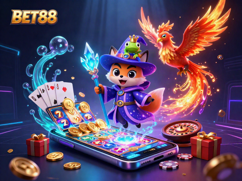 Engage with thrilling casino gaming at BET88, featuring an enchanting wizard fox and casino elements.