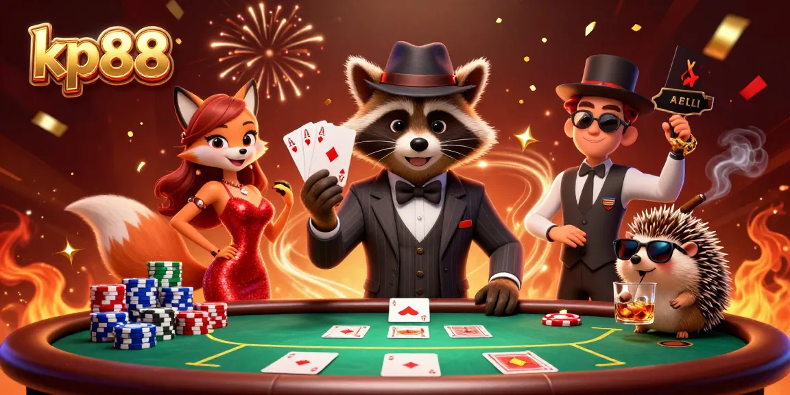 Play poker with kp88 characters at a vibrant casino scene showcasing excitement and winning hands.