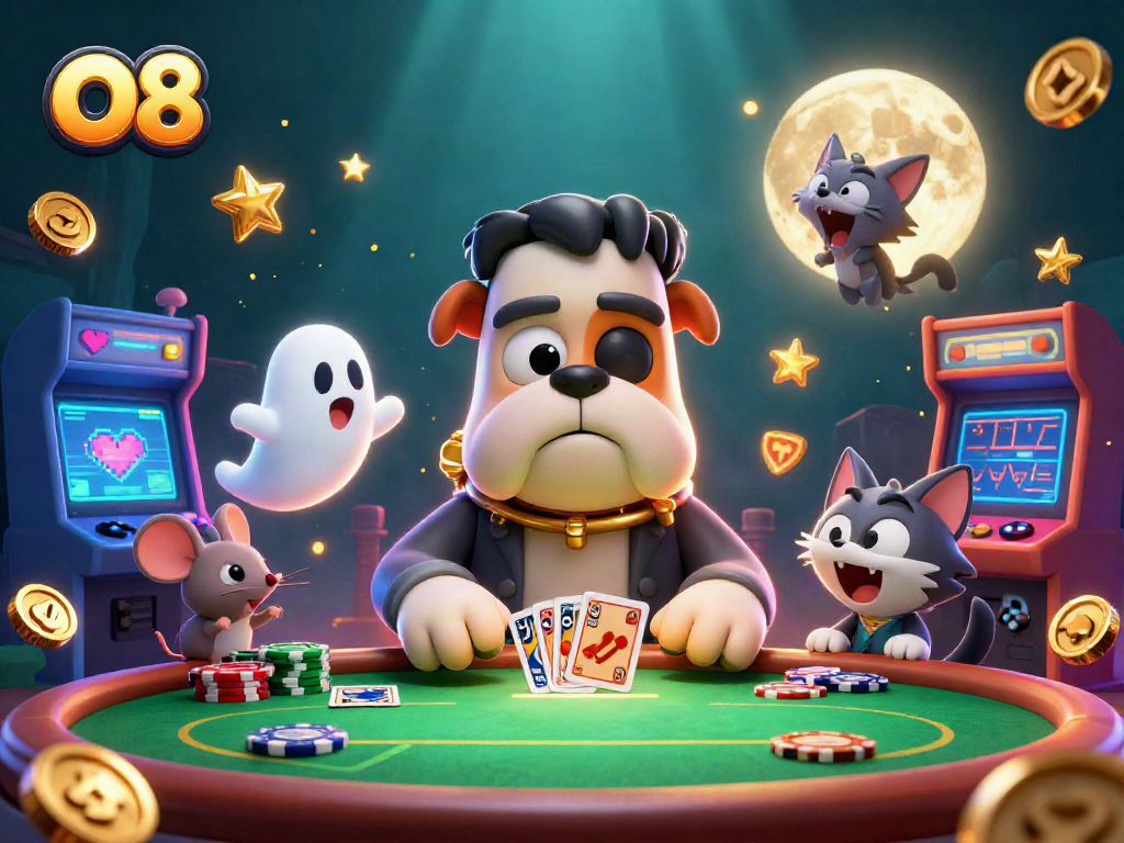 Join the fun with O8 as a bulldog monster deals cards in a vibrant casino scene.