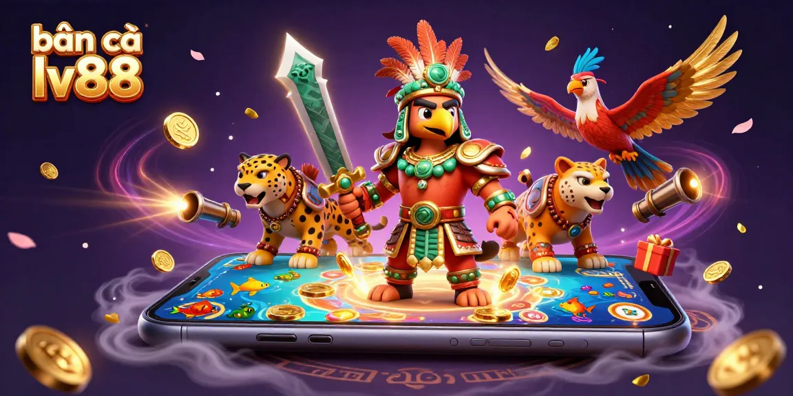 Bắn cá lv88 game illustration featuring 3D characters, a smartphone, and dynamic underwater elements.