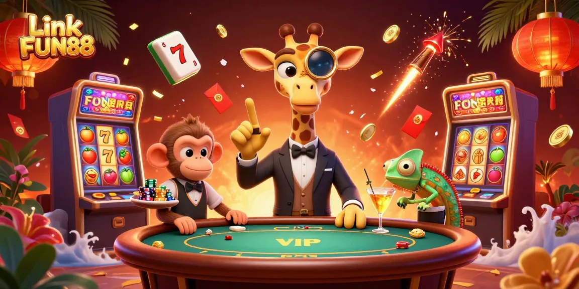 Experience excitement with Link FUN88 in a vibrant 3D casino scene filled with rich details and lively characters.