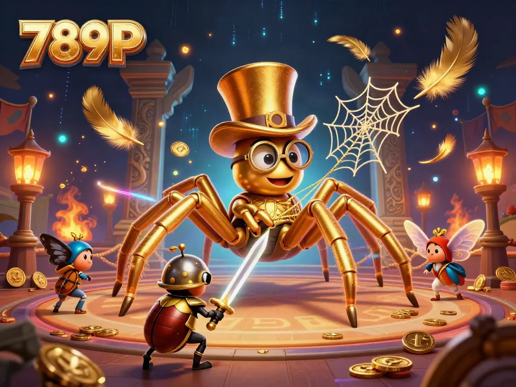 Engage with the thrilling world of 789P through a vibrant illustration featuring a giant golden tarantula and a brave beetle knight.