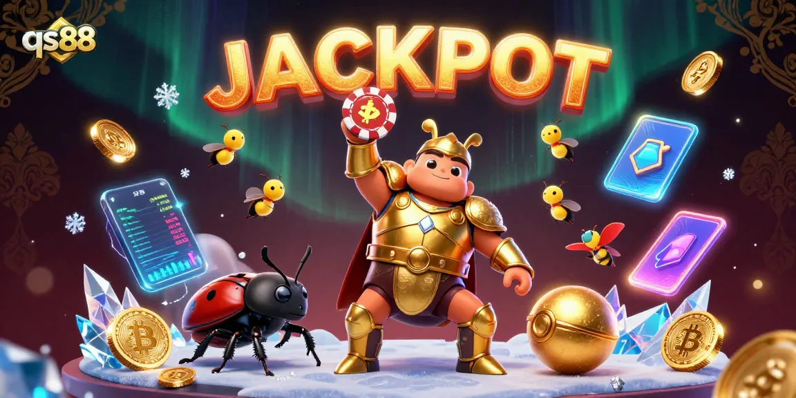 Experience excitement at qs88 with a victorious beetle lifting a poker chip in a dynamic casino scene.